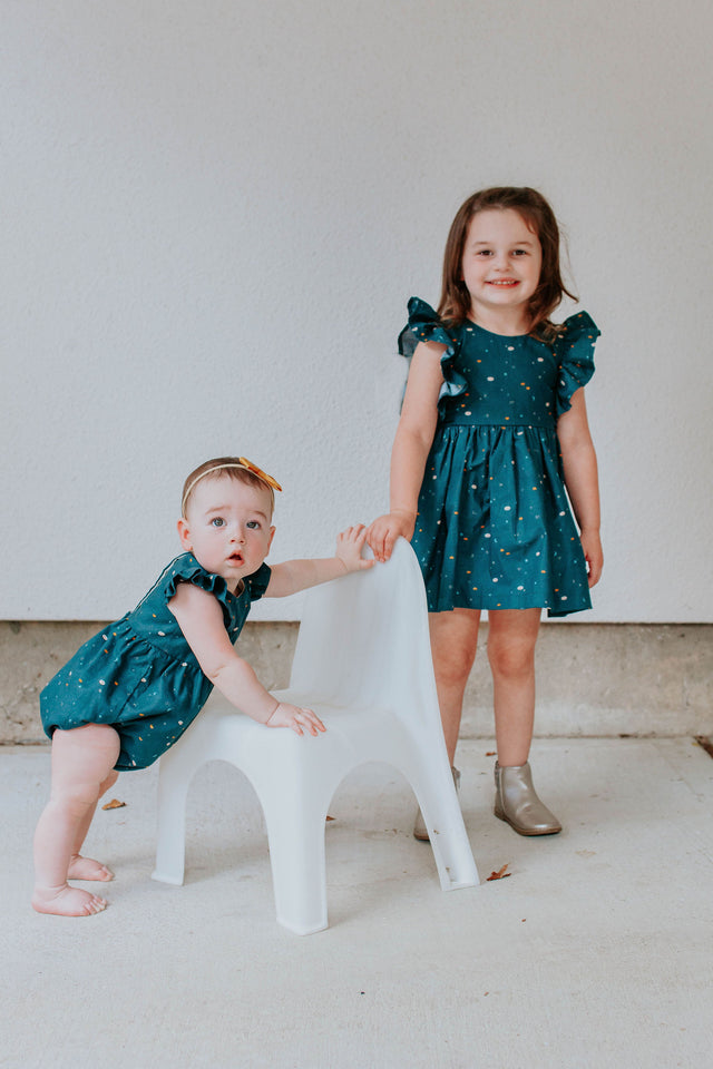 Infant Girl's Navy Stargazing Print Ruffle Sleeve Bubble Romper