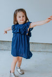 Little Girl's Navy Swiss Dot Ruffle Collar Cotton Shift Dress
