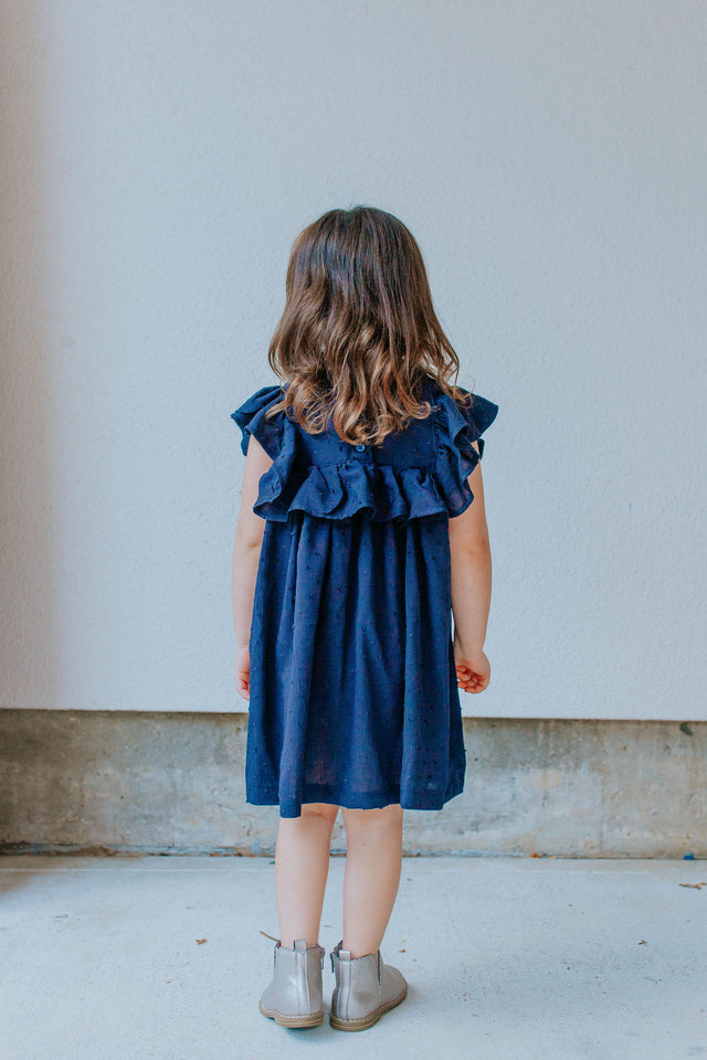 Little Girl's Navy Swiss Dot Ruffle Collar Cotton Shift Dress