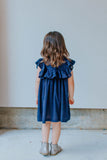 Little Girl's Navy Swiss Dot Ruffle Collar Cotton Shift Dress