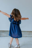 Little Girl's Navy Swiss Dot Ruffle Collar Cotton Shift Dress