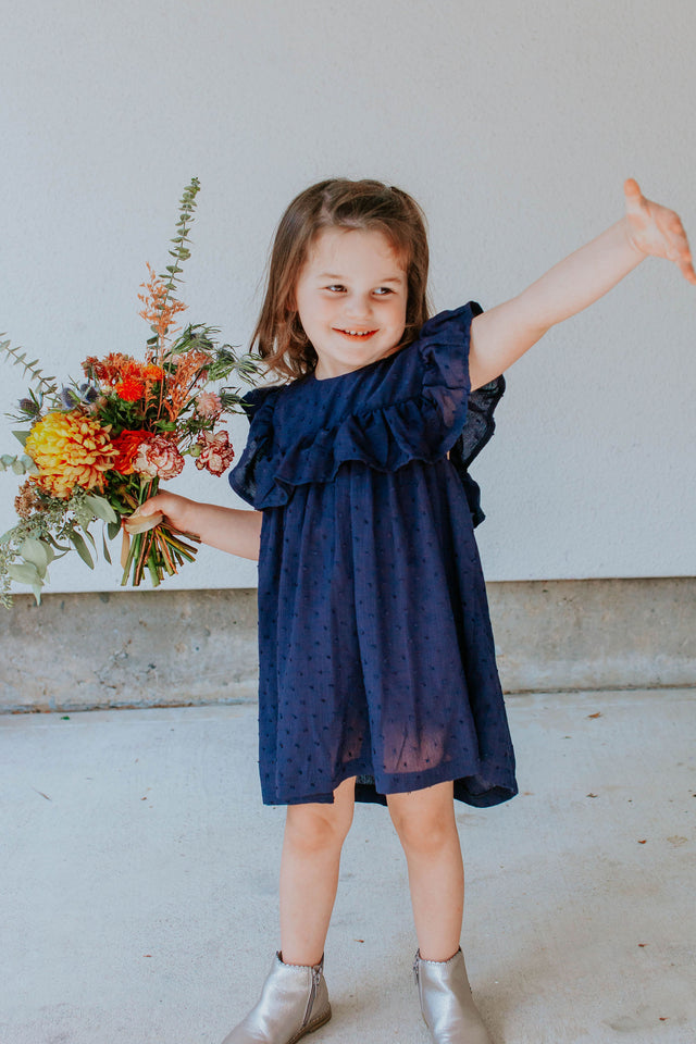Little Girl's Navy Swiss Dot Ruffle Collar Cotton Shift Dress