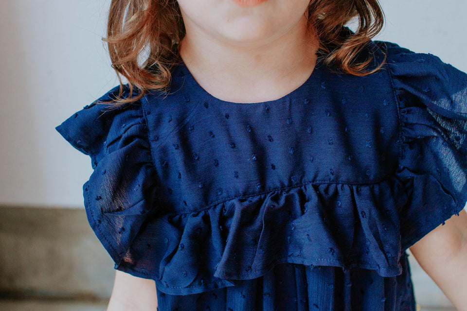 Little Girl's Navy Swiss Dot Ruffle Collar Cotton Shift Dress