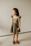 Girl's Olive Green and White Daisy Print Peplum Twirl Dress