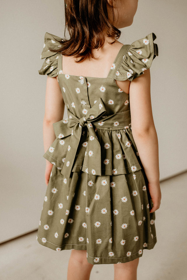 Girl's Olive Green and White Daisy Print Peplum Twirl Dress