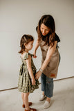 Girl's Olive Green and White Daisy Print Peplum Twirl Dress