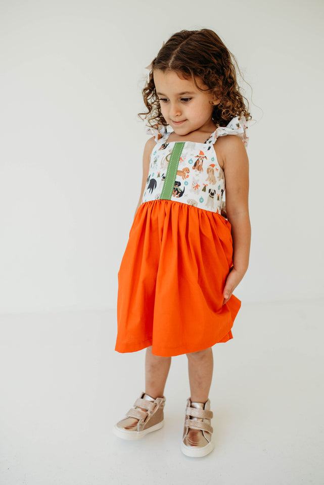 Little Girl's Green & Orange Dog Print Flutter Sleeve Cotton Christmas Dress