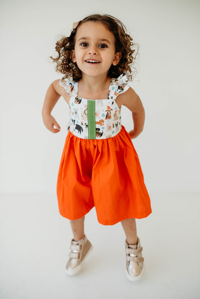 Little Girl's Green & Orange Dog Print Flutter Sleeve Cotton Christmas Dress