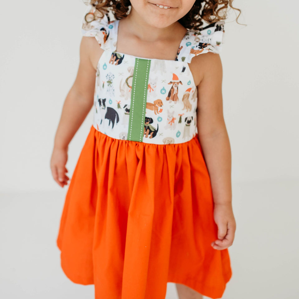 Little Girl's Green & Orange Dog Print Flutter Sleeve Cotton Christmas Dress