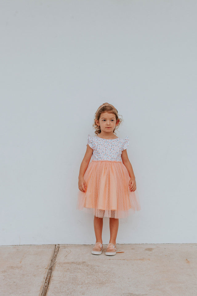 Little Girl's Peach Floral Scoop Back Tulle Twirl Dress