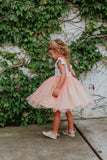 Little Girl's Peach Floral Scoop Back Tulle Twirl Dress