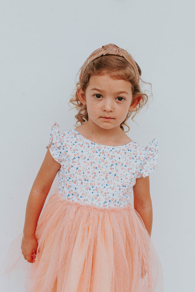 Little Girl's Peach Floral Scoop Back Tulle Twirl Dress