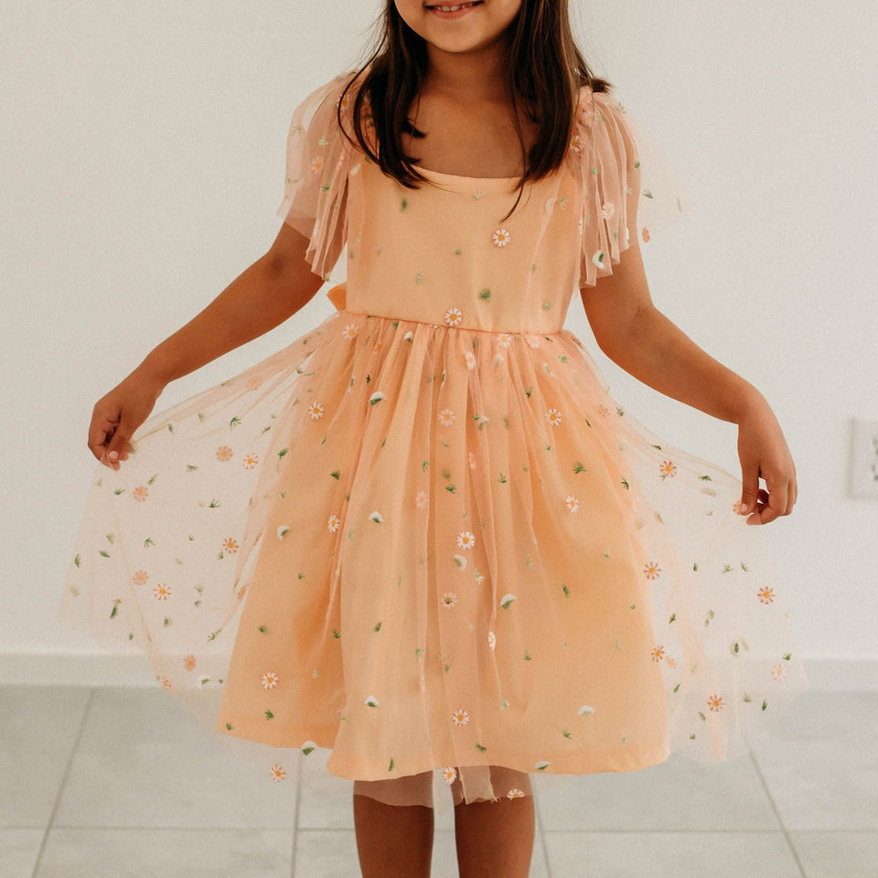 Little Girl's Peach Tulle Daisy Print Twirl Dress