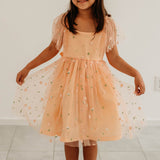 Little Girl's Peach Tulle Daisy Print Twirl Dress