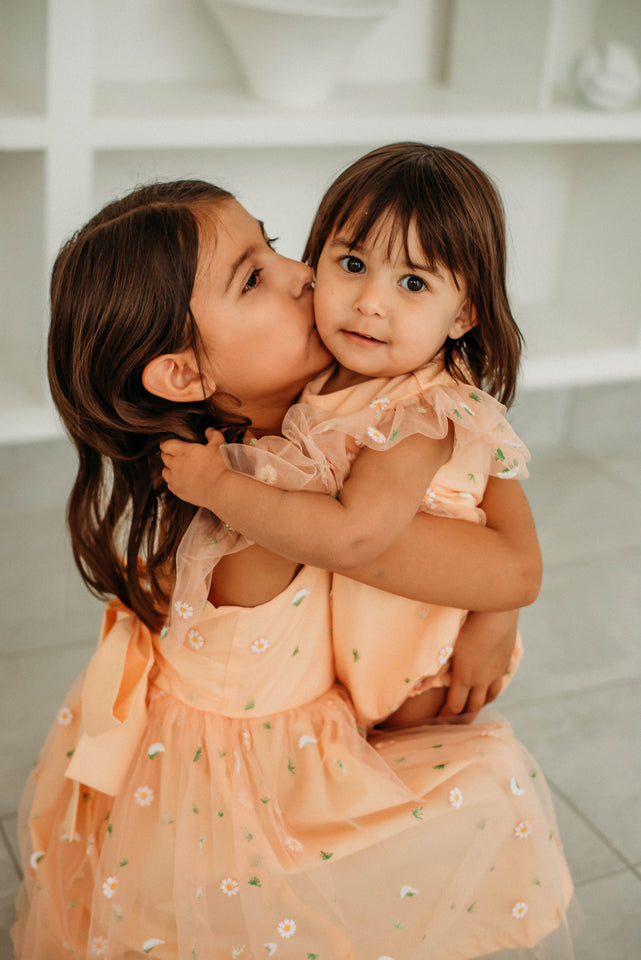 Little Girl's Peach Tulle Daisy Print Twirl Dress