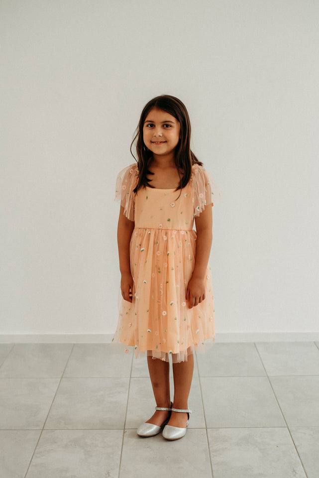 Little Girl's Peach Tulle Daisy Print Twirl Dress