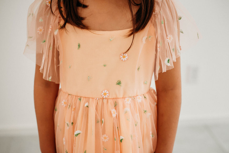 Little Girl's Peach Tulle Daisy Print Twirl Dress