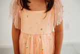 Little Girl's Peach Tulle Daisy Print Twirl Dress