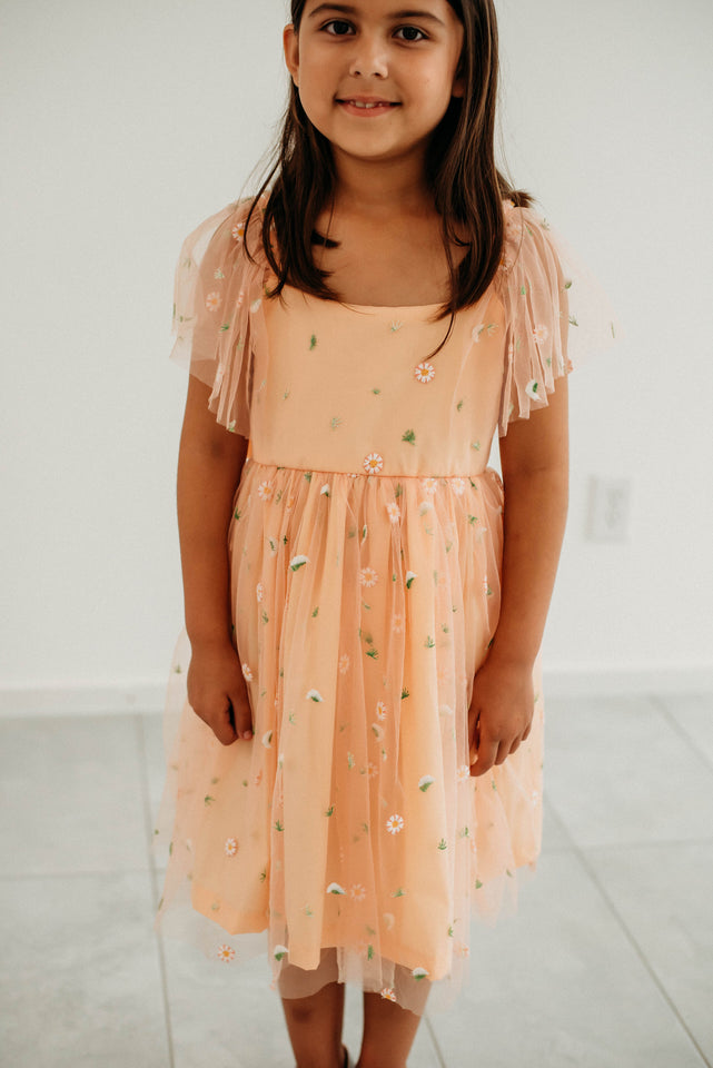 Little Girl's Peach Tulle Daisy Print Twirl Dress