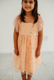 Little Girl's Peach Tulle Daisy Print Twirl Dress