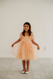 Little Girl's Peach Tulle Daisy Print Twirl Dress