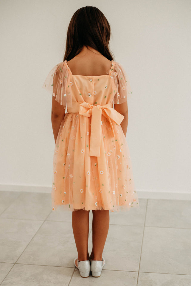 Little Girl's Peach Tulle Daisy Print Twirl Dress
