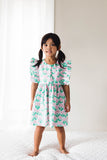 little girls pink and green floral ruffle dress