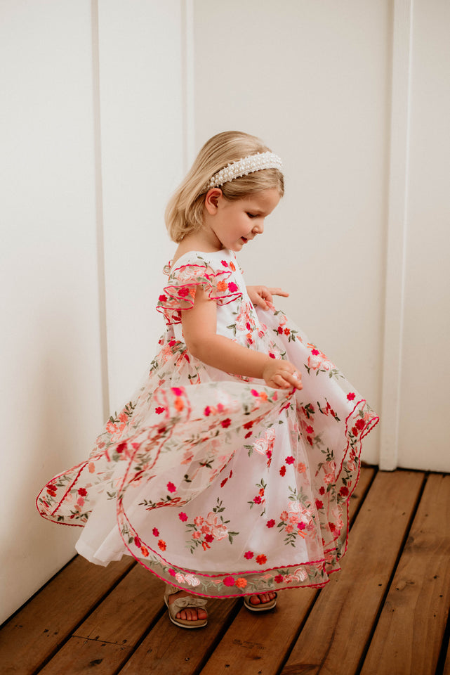 Little Girl's Pink and Orange Rose Floral Tulle Flower Girl Dress