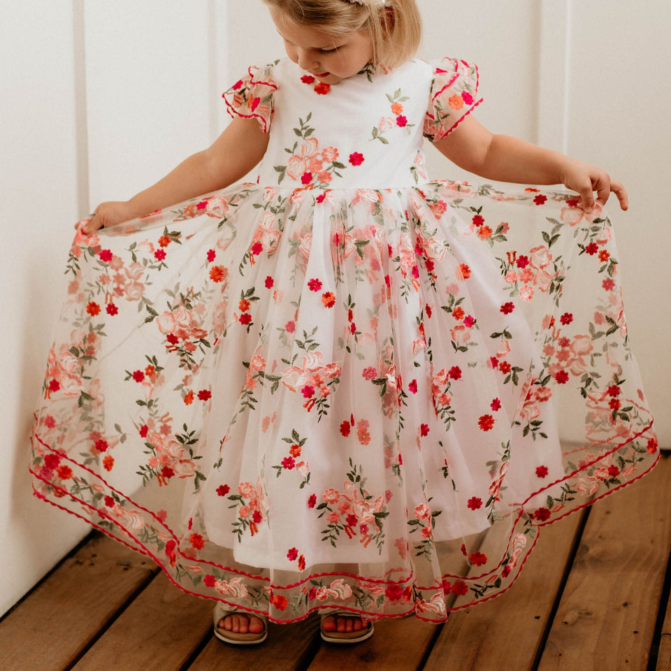 Little Girl's Pink and Orange Rose Floral Tulle Flower Girl Dress