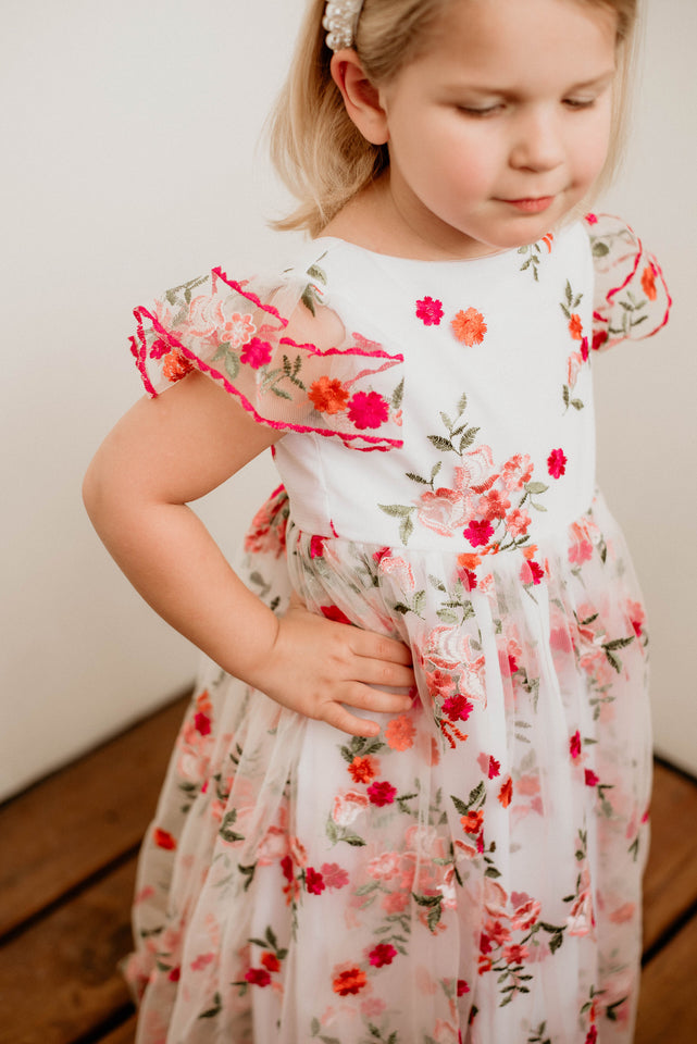 Little Girl's Pink and Orange Rose Floral Tulle Flower Girl Dress