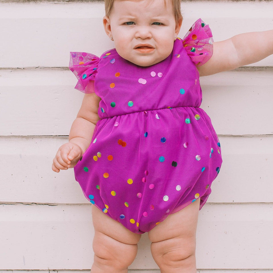 purple confetti tulle bubble romper