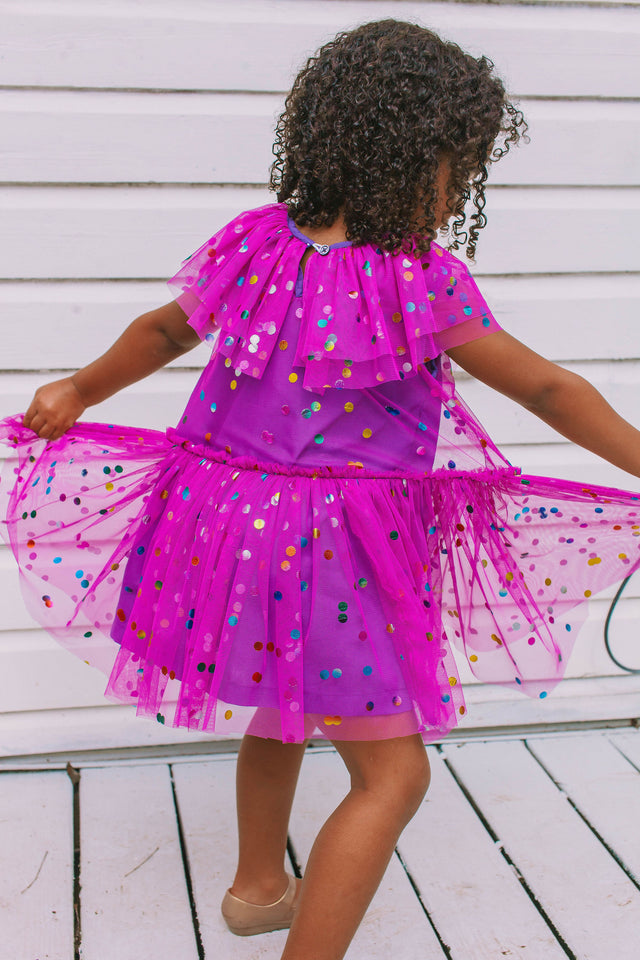 Girl's Purple Confetti Tulle Polka Dot Party Dress