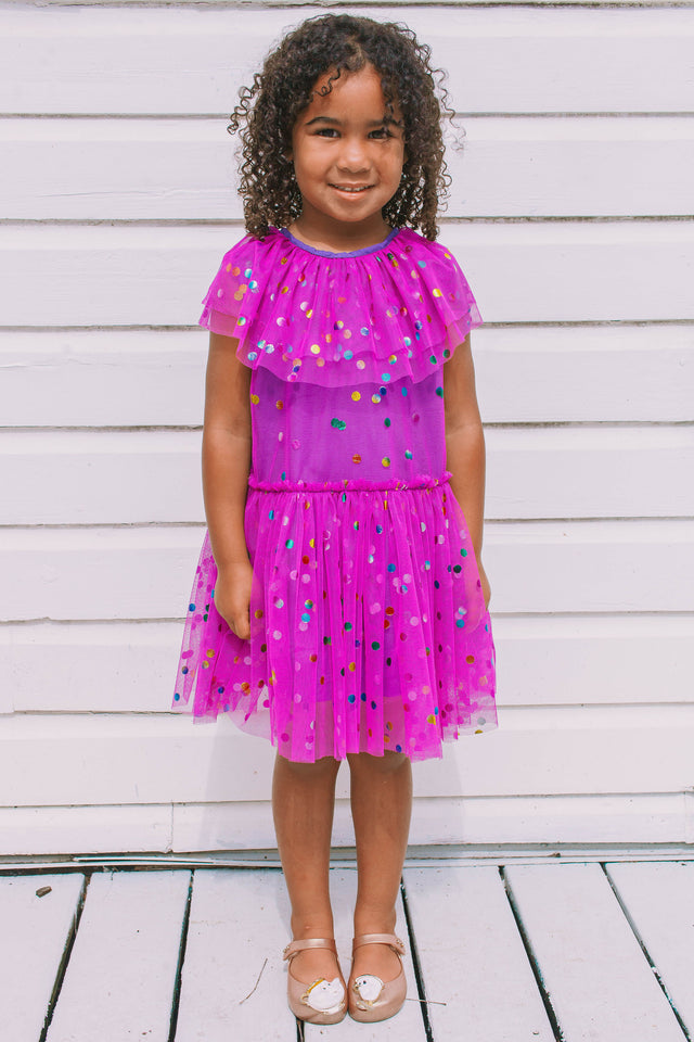 Girl's Purple Confetti Tulle Polka Dot Party Dress