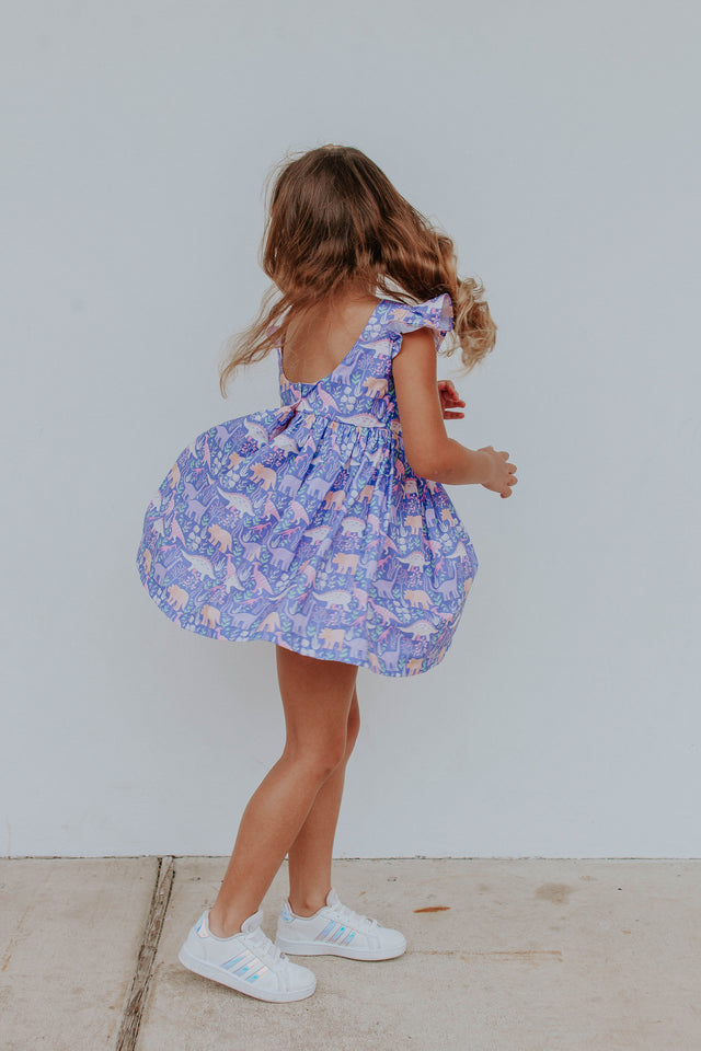 Little Girl's Purple Dinosaur Scoop Back Tulle Twirl Dress