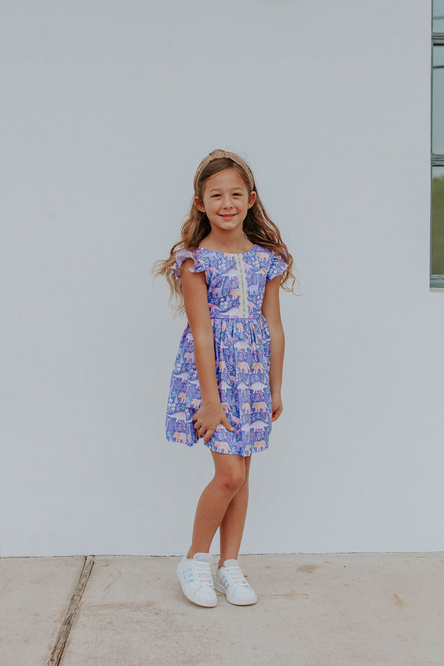 Little Girl's Purple Dinosaur Scoop Back Tulle Twirl Dress
