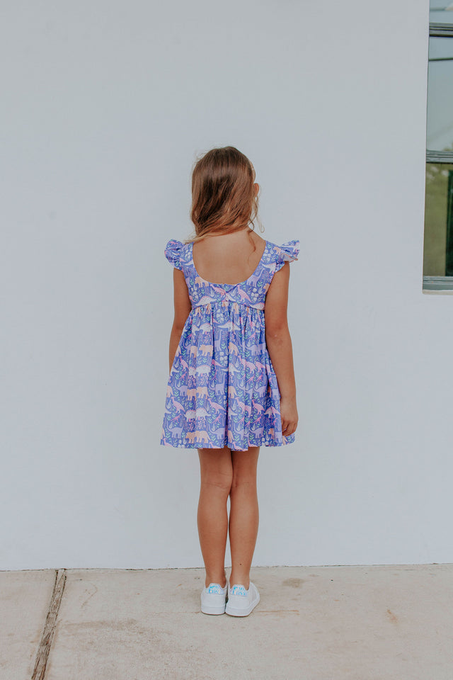 Little Girl's Purple Dinosaur Scoop Back Tulle Twirl Dress