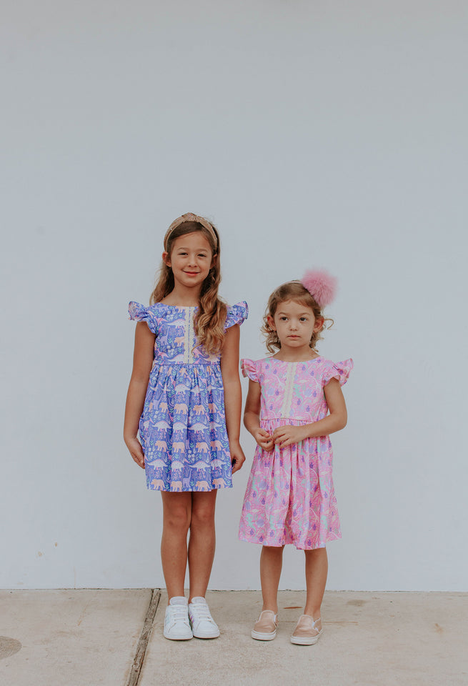Little Girl's Purple Dinosaur Scoop Back Tulle Twirl Dress