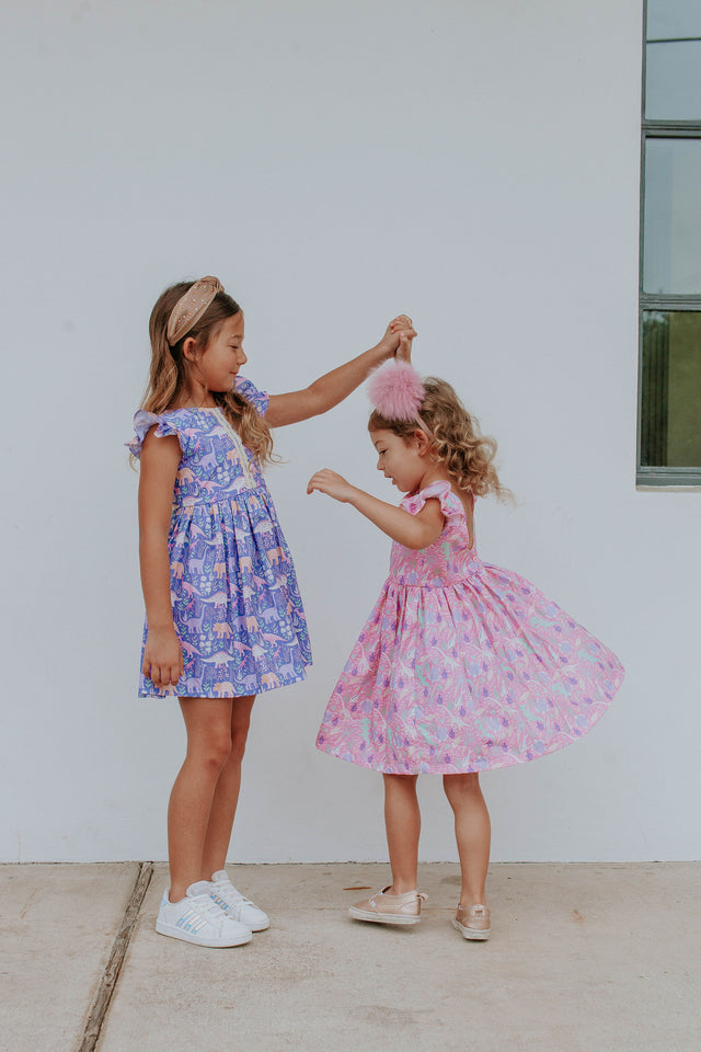 Little Girl's Purple Dinosaur Scoop Back Tulle Twirl Dress