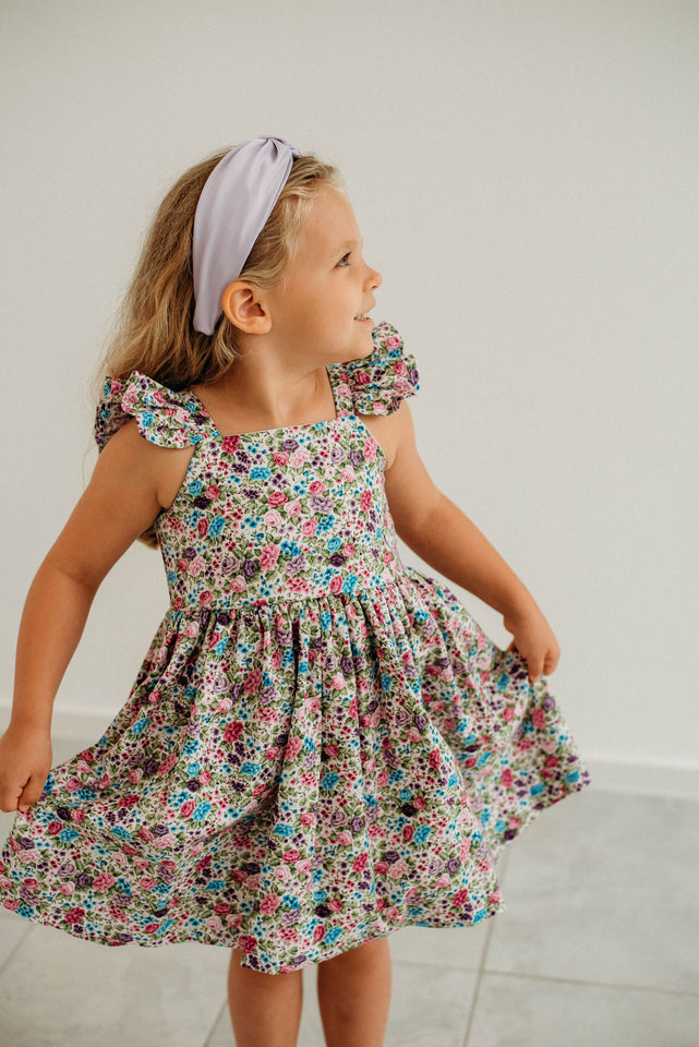 Little Girl's Purple Calico Floral Twirl Dress