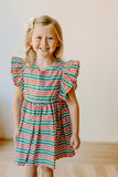 Little Girls Red and Green Striped Christmas Print Dress