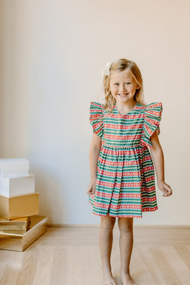 Little Girls Red and Green Striped Christmas Print Dress