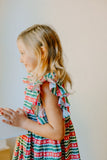 Little Girls Red and Green Striped Christmas Print Dress