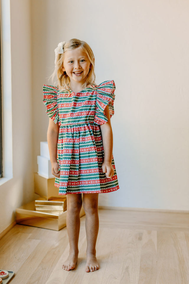 Little Girls Red and Green Striped Christmas Print Dress