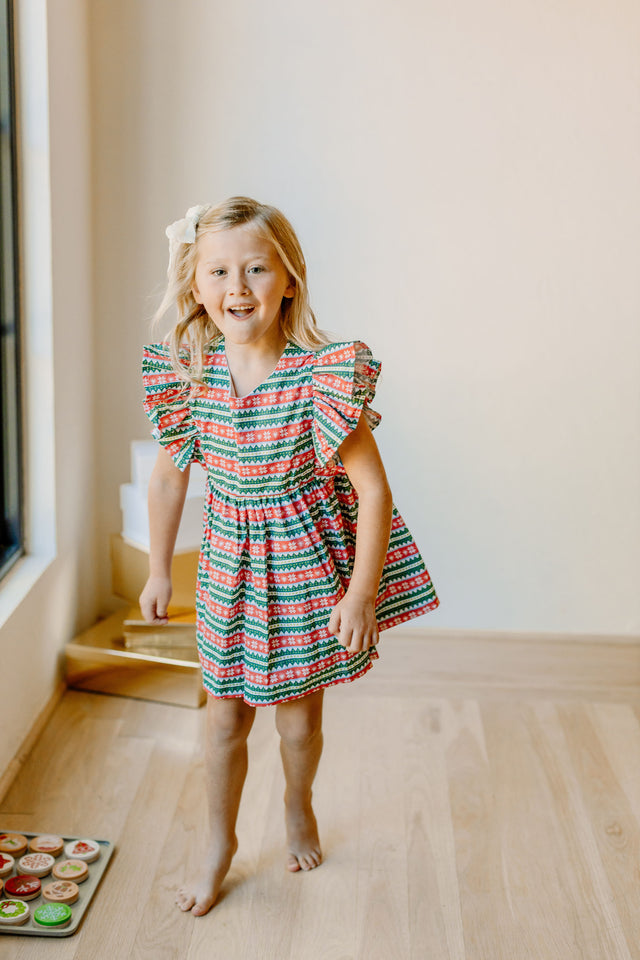 Little Girls Red and Green Striped Christmas Print Dress