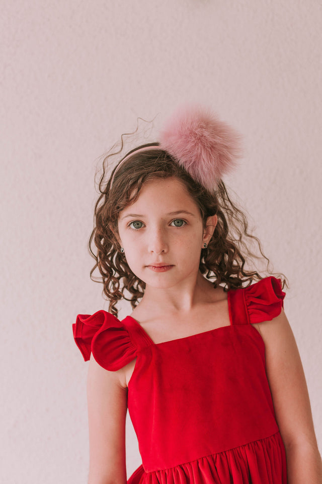 Little Girl's Red Velvet Flutter Sleeve Twirl Dress