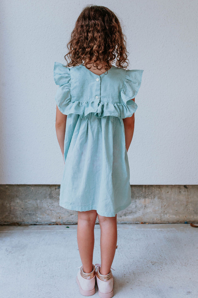 Little Girl's Sage Green Swiss Dot Ruffle Collar Cotton Shift Dress