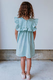 Little Girl's Sage Green Swiss Dot Ruffle Collar Cotton Shift Dress