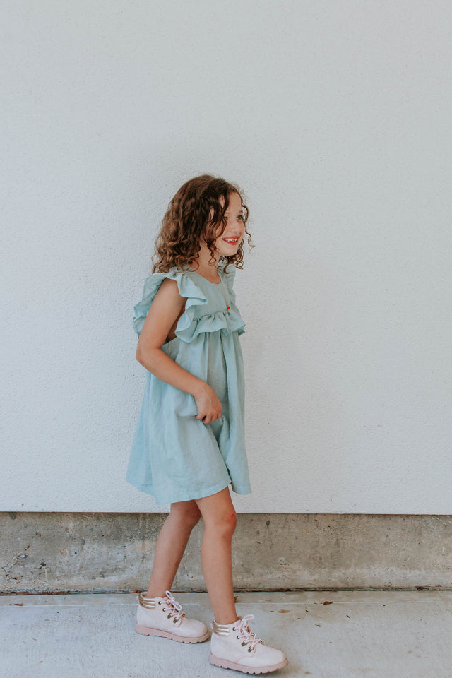 Little Girl's Sage Green Swiss Dot Ruffle Collar Cotton Shift Dress