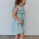 Little Girl's Sage Green Swiss Dot Ruffle Collar Cotton Shift Dress