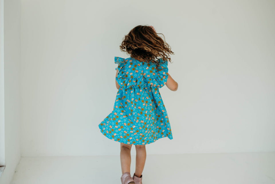 Little Girl's Blue Sufganiyot and Gelt Print Ruffle Collar Hanukkah Dress